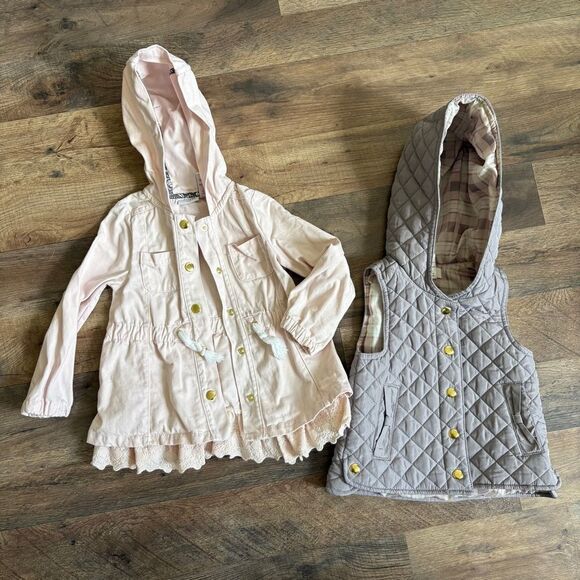 Aspen Kids Adorable Pink Jacket Coat Lace Trim Matching Hooded Vest Girls 2T - Picture 3 of 13
